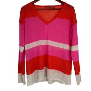 525 America Women’s Linen Blend Colorful Striped Vneck Top Medium Natural Beachy